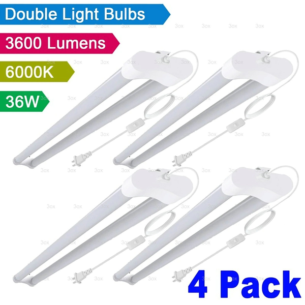 3ox 4 Pack 36W LED Shop Light Fixture Work Garage Light 6000K White 4FT Power Cord On/Off Switch