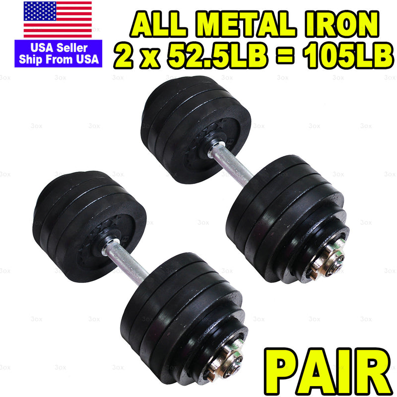 3ox Full Iron 2 x 52.5lb Adjustable Dumbbells Set Full Metal Total 105lb Weights Sets Black Plated Cast Iron 1 Pair