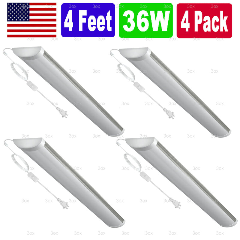 4 Pack LED Shop Light Utility Ceiling Garage Workshop Easy Mount LED 36W Power Cord On/ Off Switch